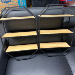 Set of 2 Industrial Farmhouse Wall Shelves – Wood & Black Metal – 3 Tier
