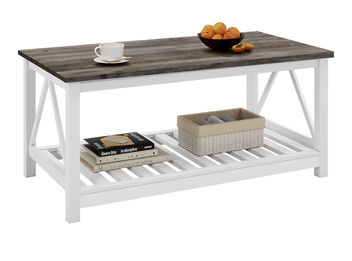 2-Tier Rectangular Wooden Centre Cocktail Table with Slats Shelf Storage and V-Shaped Frame, Oak Gray