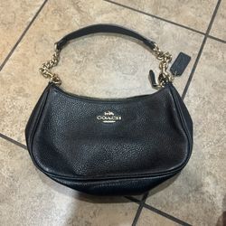 black Coach Teri Shoulder Bag in refined pebble leather with gold-tone hardware. 