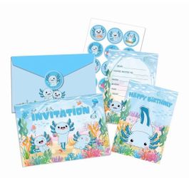 12Pcs Blue Axolotl Birthday Party Supplies Invitation Cards with Envelopes and Stickers for Blue Axolotl Birthday Party $3 each or $50 all 34 packs