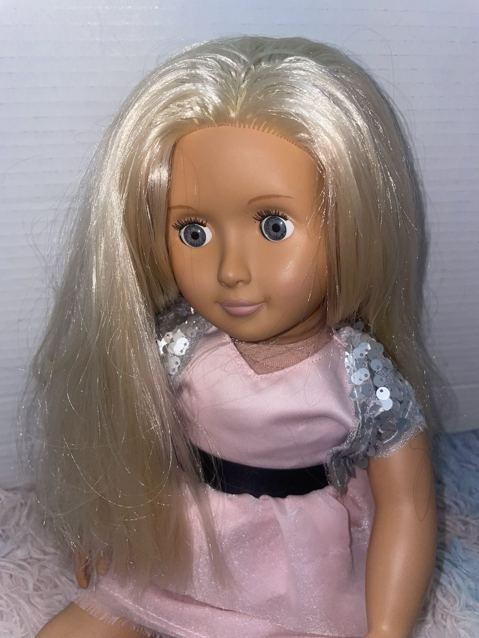 Our Generation Anya Doll jewelry Pink Dress Sequin Shrug Blonde 18"