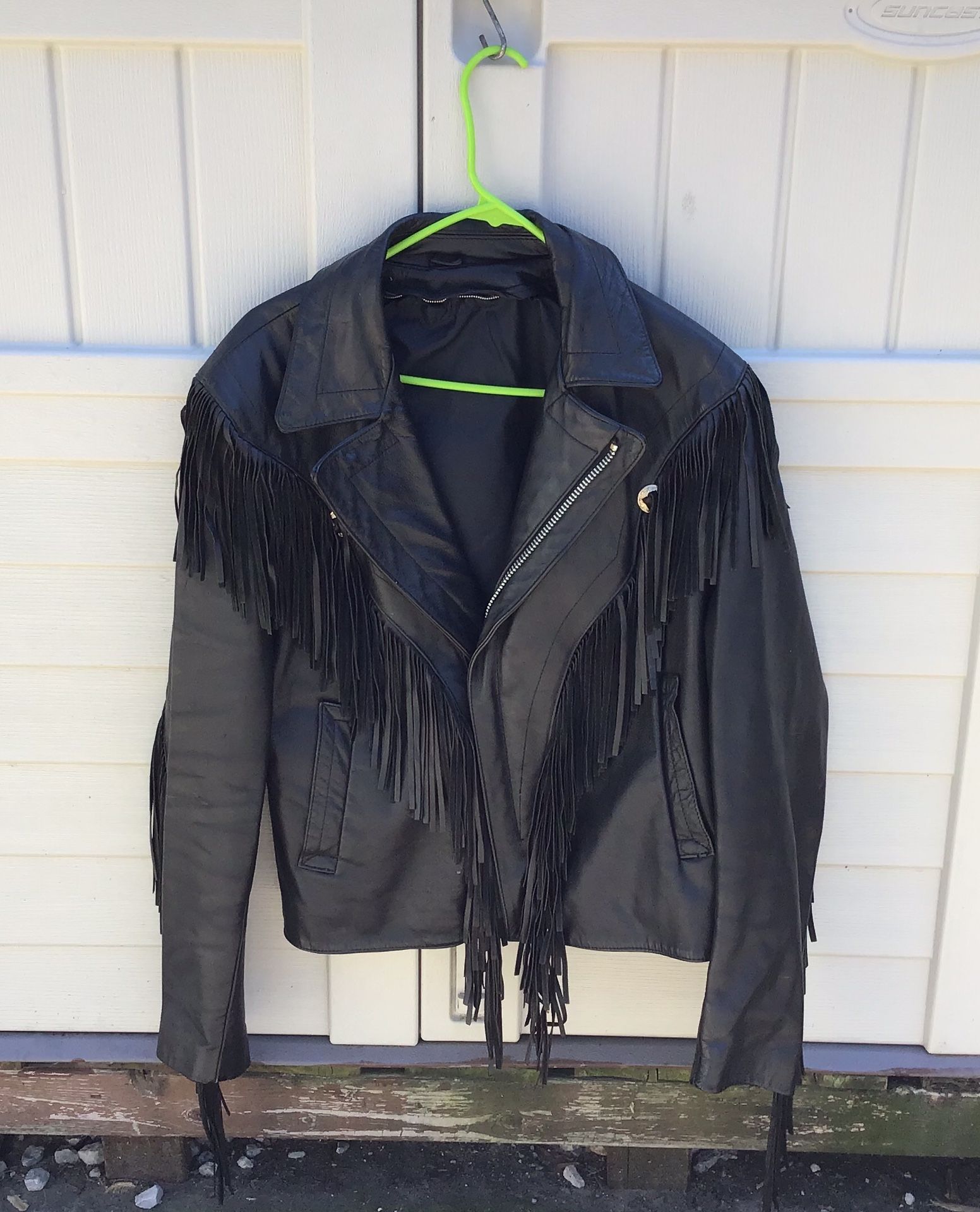 Ladies leather fringe jacket, size L