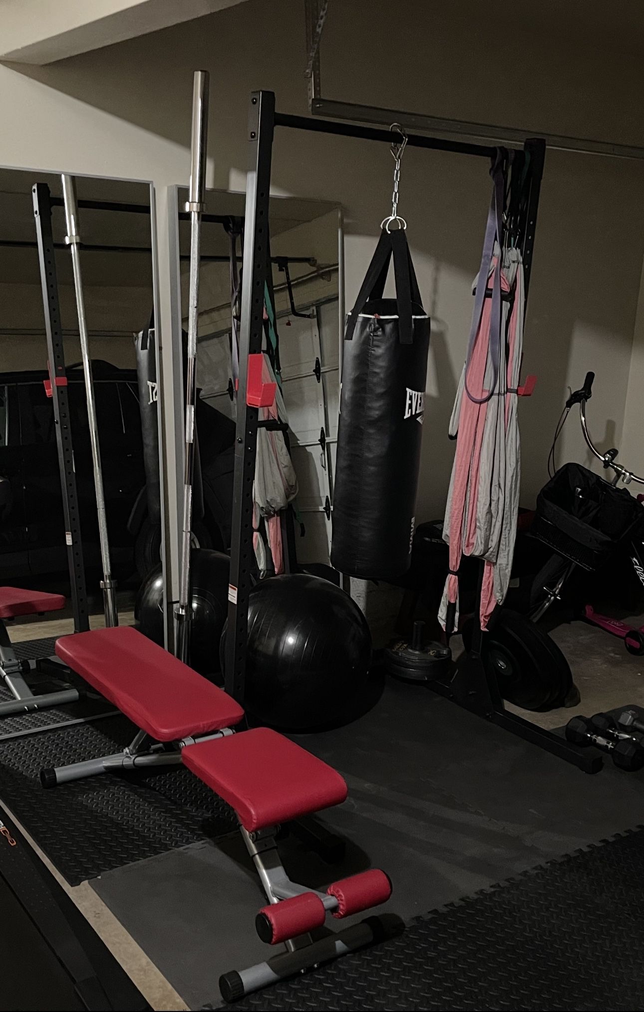 Squat Rack, Olympic Barbell, Bench, Plates and Accessories