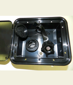 RV gravity water fill dish. Lockable in black . New