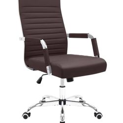 Ribbed Office Desk Chair Mid-Back PU Leather Executive Conference Task Chair Adjustable Swivel Chair with Arms (Brown)