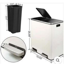 Dual Trash Can 16 Gal (60L) Stainless Steel Large Kitchen Rubbish Bin with Removable Inner Buckets