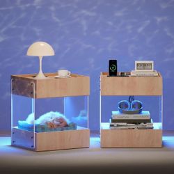LED Nightstands with Charging Station, Set of 2 Bedroom Night Stand with Drawers, Modern Acrylic and Natural Wood Bedside Tables with Ambient Lighting