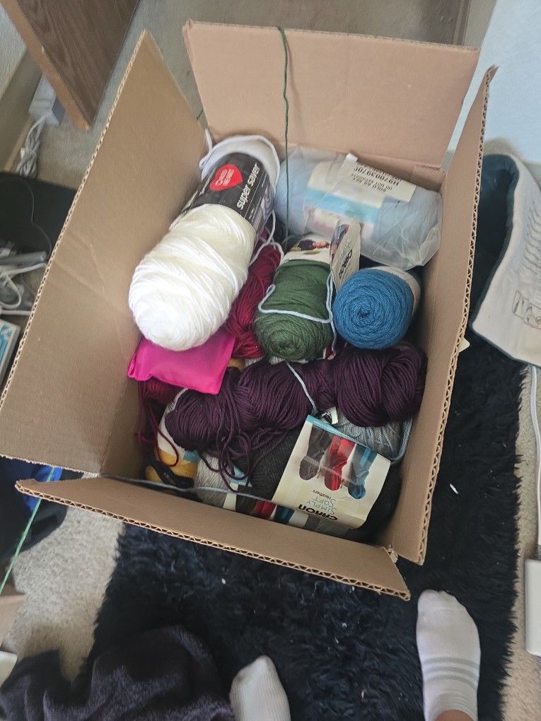Box of Yarn and Knitting Needles