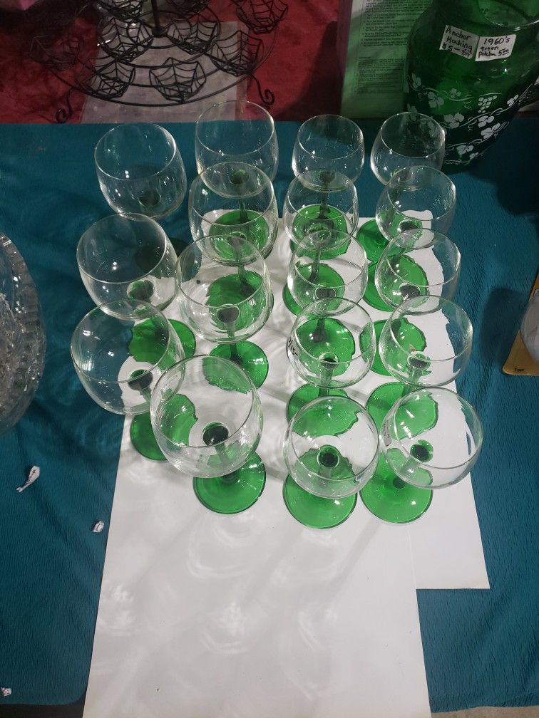 17 Wine Glasses with Green Stems