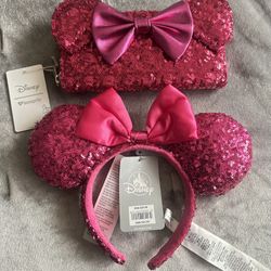 Disney Loungefly Minnie Mouse Hot Pink Sequin Long Wallet And Headband
