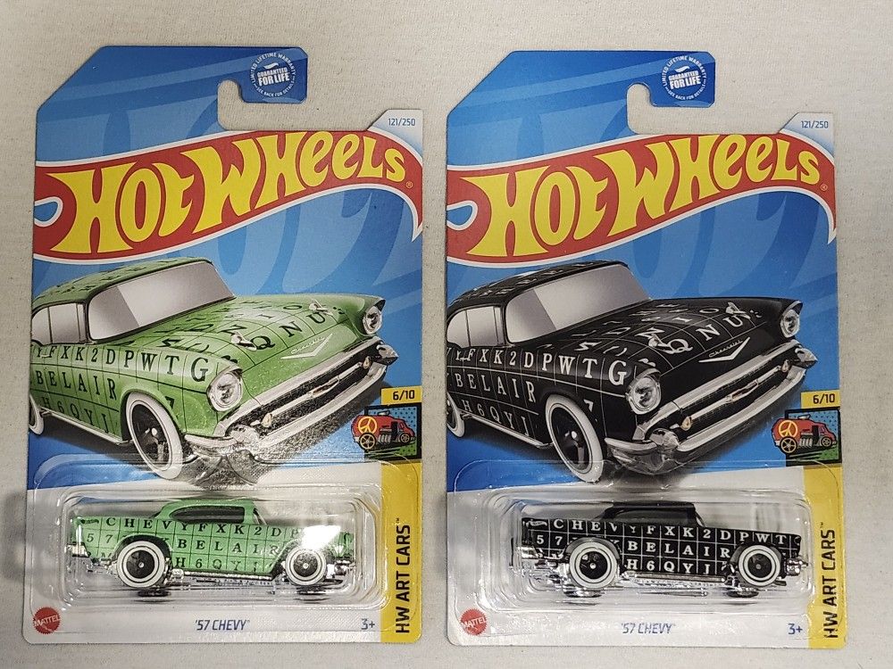 HOT WHEELS ART CARS. 1957 CHEVY BEL AIR.  (LIME GREEN AND BLACK VARIATIONS)  $5 EACH CAR. 
