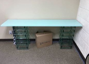 New White Glass Table H28" W69" D16" With Matching Bookcase