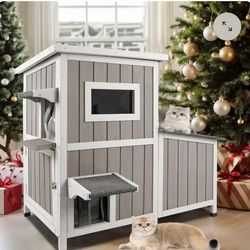 PETSCOSSET Outdoor Cat House 2 Story with 3 Escape Doors, FeralCat House with 2 Rest Rooms for 2-3 Cats,Grey