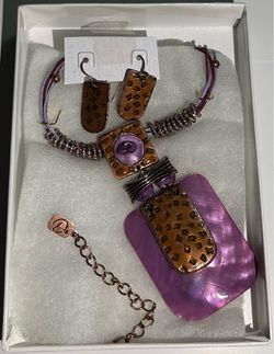 Authentic Signed "You and I" Amethyst Purple Shell & Bronze Geometric Statement Necklace & Earrings Set