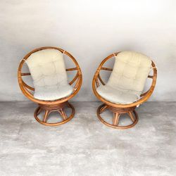 Vintage Boho Coastal Rattan Swivel Lounge  Bamboo Chairs — Pair with Original Tufted Cushions Free Deliver In Select SD