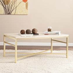 ✨ Faux Travertine Stone Cocktail Coffee Table | Brass Frame Modern Glam 42”