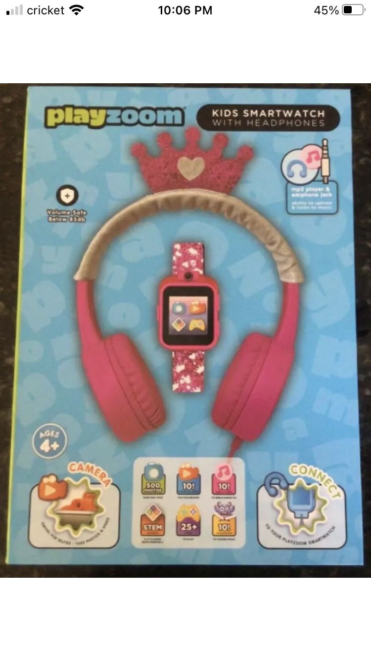 iTech Junior Girls Headphones & Smartwatch Set - Fuchsia Crown Pink Princess. NEW