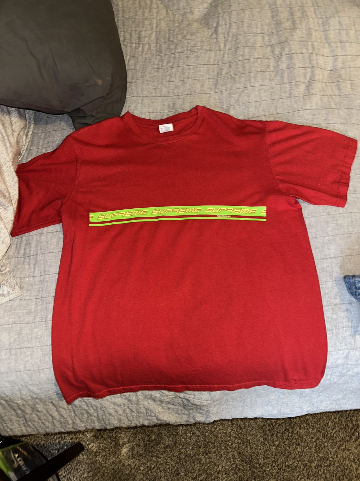 RED SUPREME SHIRT WITH GREEN STRIPE