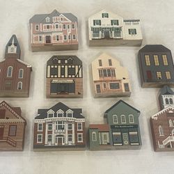 Collection of 9 The Cat's Meow Village collectible wooden village buildings Houses