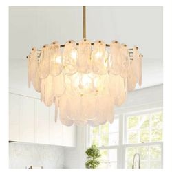 New -Modern Gold Glass Chandeliers, 9-Light Luxury Cloud Pendant Light Fixture, 3-Tiers Round Ceiling Hanging Light Fixture for Bedroom Dining Room Ki