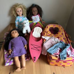 18” Our Generation Girl Doll Lot With Clothing Carry Case Puppy Pet Kayak Boat Etc Nice Variety 