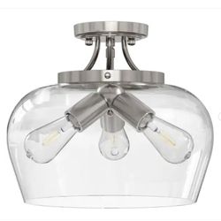 3-Light Blushed Nickel Semi Flush Mount Ceiling Light with Glass Shade - New