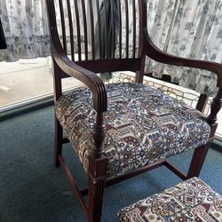 Antique Mahogany Cork Slatted Chair With Matching Footstool