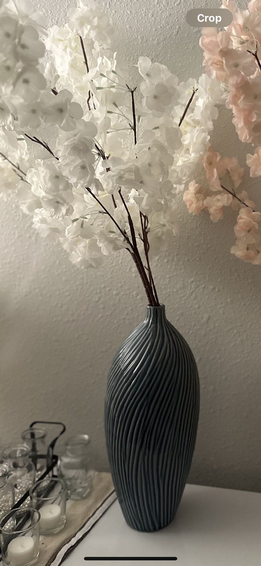 Blue Ceramic Vase W White Cherry Blossom Flowers 