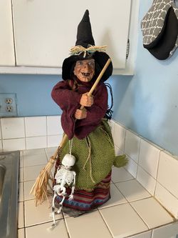 Halloween Witch Figure with Broom and Skeleton