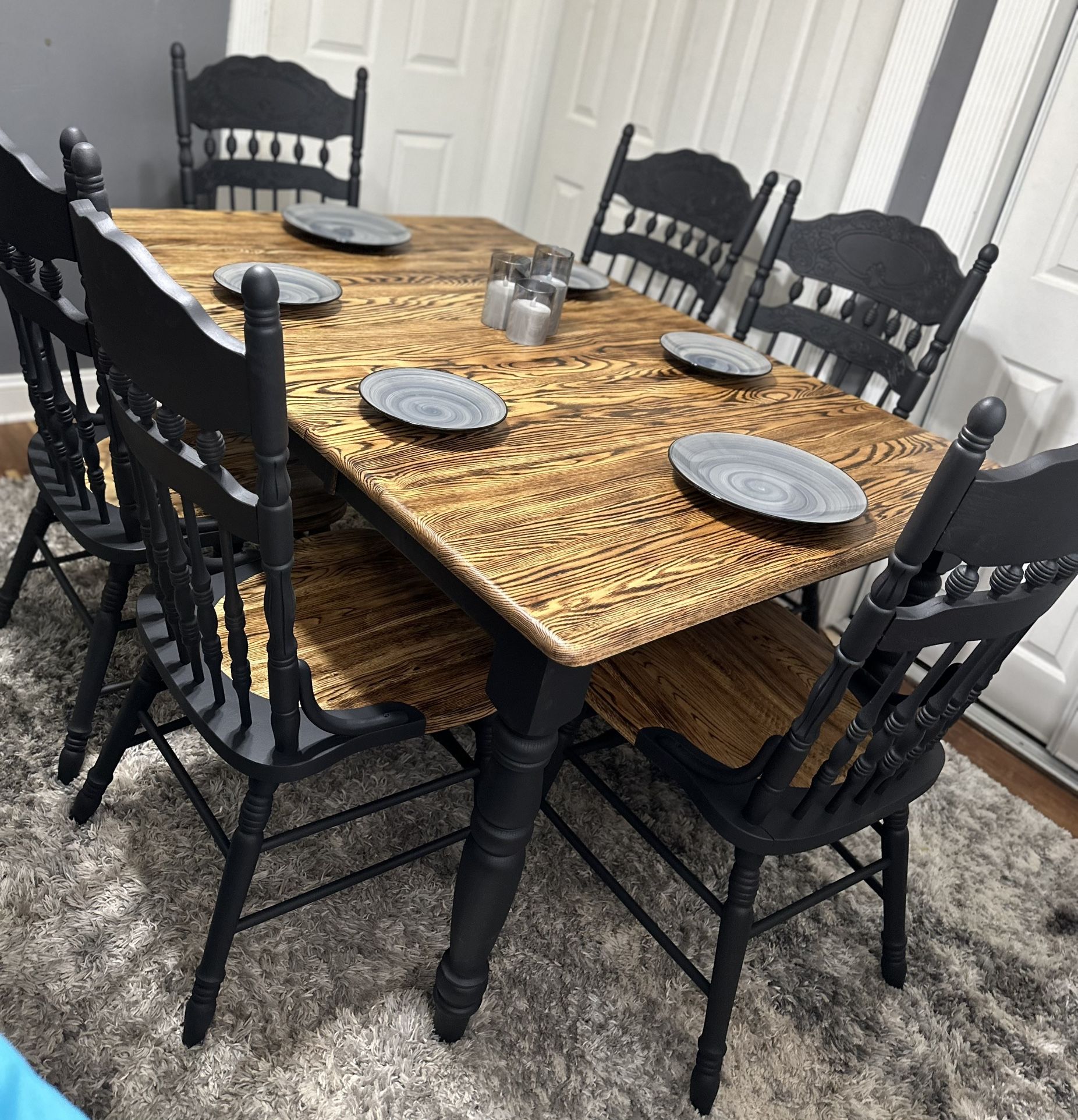 Solid Burned Oak Dining Set with 6 Matching Chairs and Extension Leaf Refinished- 