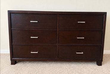 Brown Queen size bed frame, Headboard, dress and night stand.