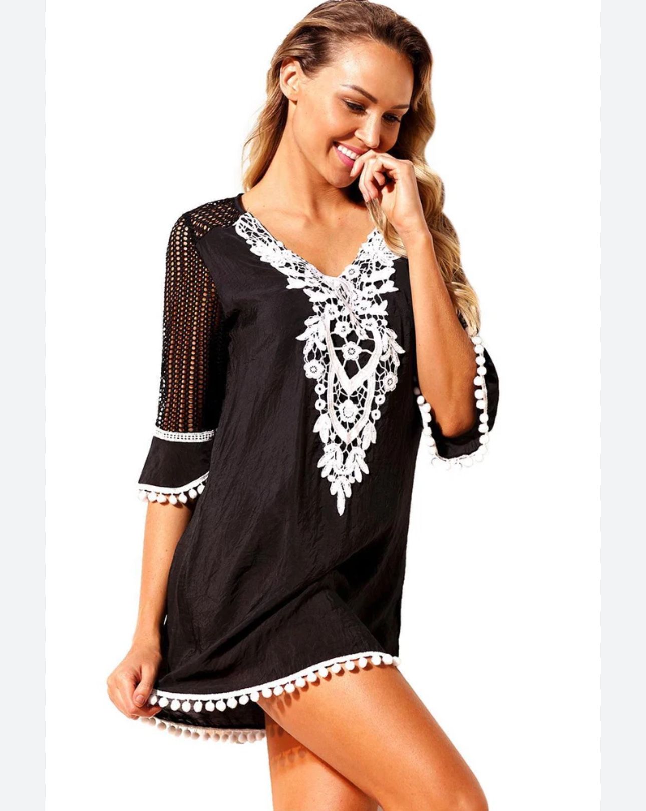 Crochet Pom Pom Trim Beach Tunic Cover Up