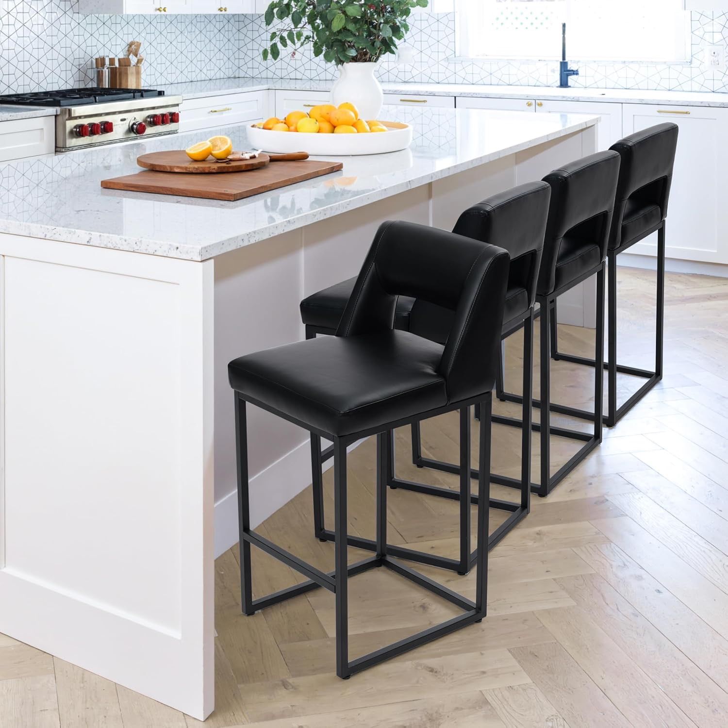 Black Bar Stools Set of 4 for Kitchen Counter Counter Height Modern Bar Chairs with Backs for Kitchen Island with Upholstered Faux Leather Seat and Me