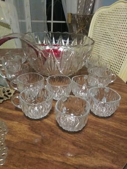 Vintage square etched glass punch bowl