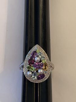 Sterling silver teardrop shape multicolored mosaic gemstone and pearl ring size 10