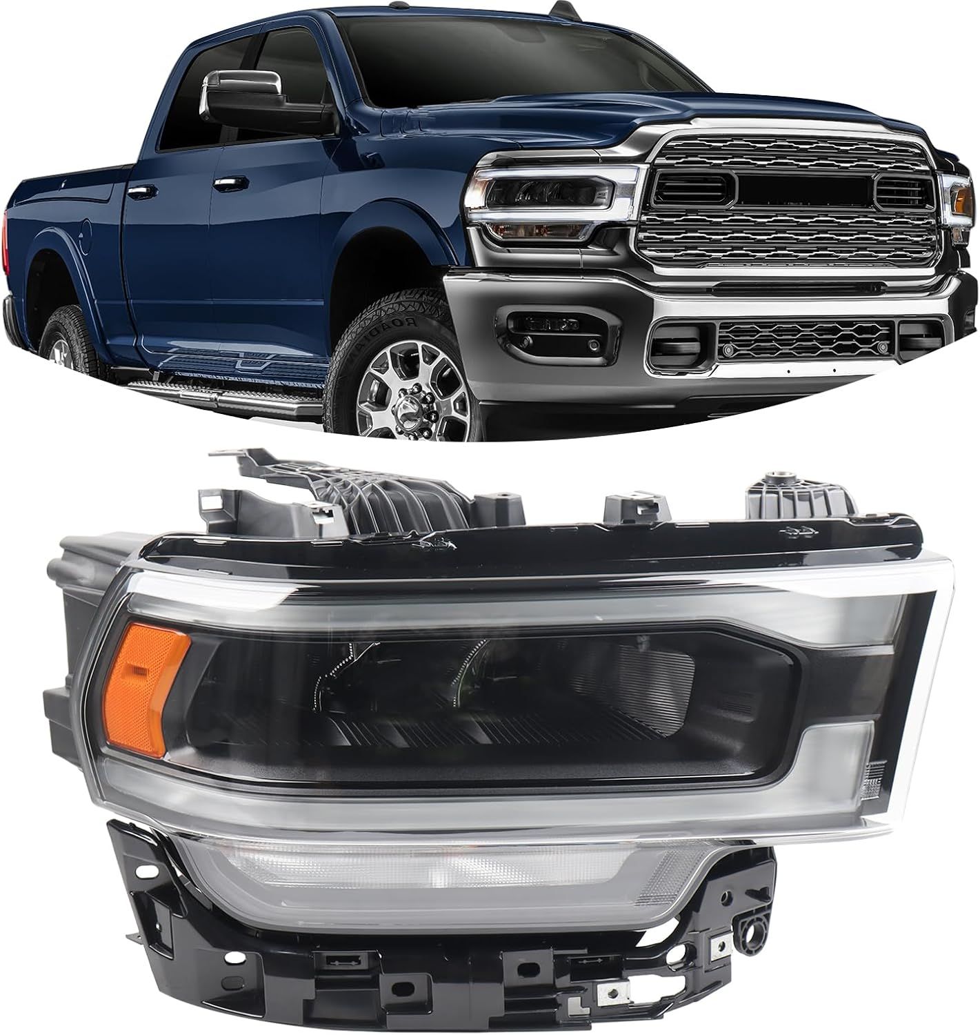 Black Headlights Assembly Compatible with 2019-2024 Dodge Ram 2500 3500 Headlamp LED Type Right Passenger Side
