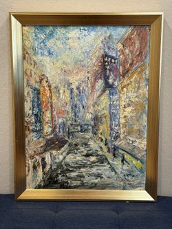 Incredible 1964 Post-Impressionist Abstract Cityscape Oil Painting by A. Stewart