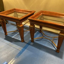 2 - Glass Top Solid Wood And Iron End Tables 
