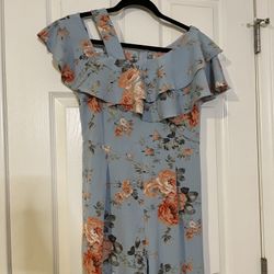 Women’s Size 6 MediumBlue Floral Ruffle Jumpsuit Off Shoulder