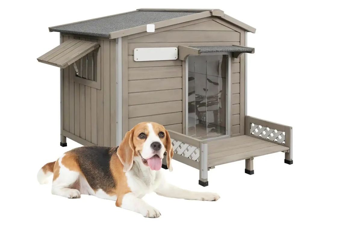 【PET67】Outdoor Dog House, Wooden Dog Kennel with Porch&Window for Medium Dog,34.8/38.8/40.6in,Grey