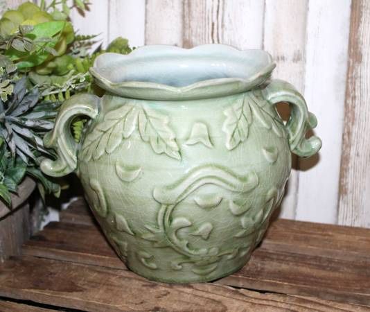 NEW Ornate Shabby French Country Green Crazed Vessel Urn Pot 