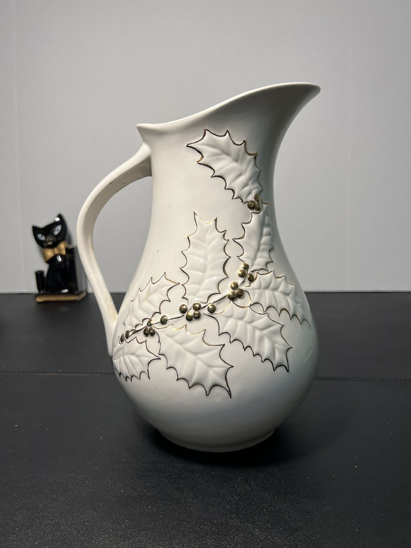 Vintage MCM Jug Pitcher Mistletoe Pattern Embossed In Gold Signed