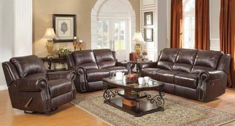Brand New 2 Piece Dark Brown Top Grain Leather Reclining Sofa and Love Seat