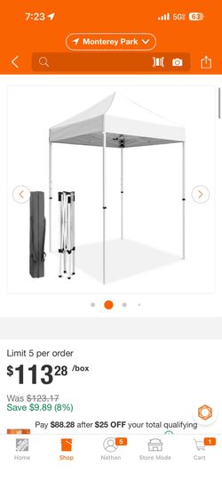 5 ft. x 5 ft. White Portable Instant Pop Up Canopy with Carry Bag, Adjustable Height, for Beach, Sports and Camping