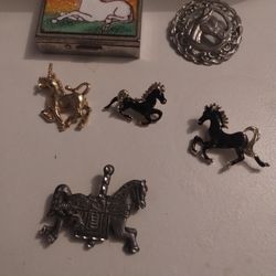 Horse Unicorn Brooch And Rusty Trinket Box Lot 