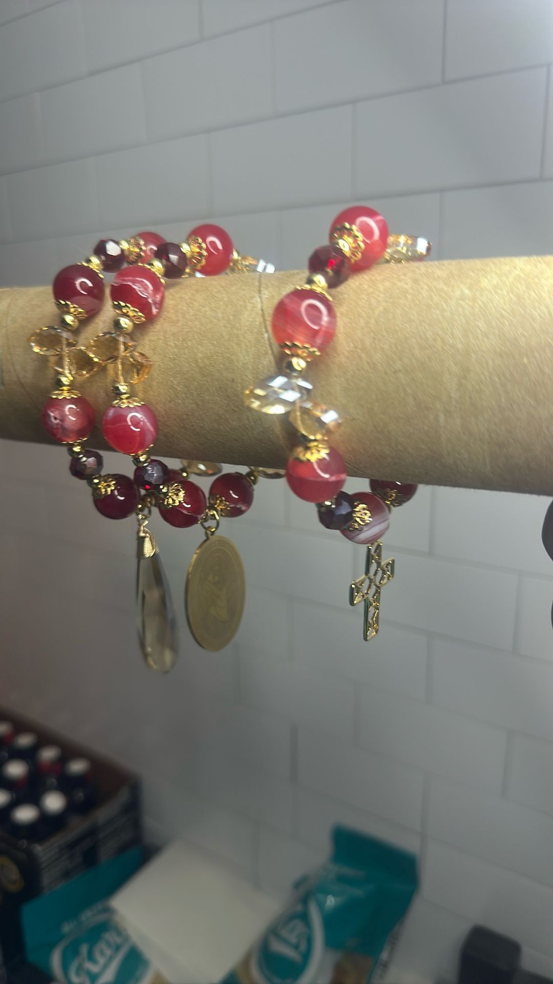 Weekly With Red Agate Crystal Charm Of St.Jude Tadeo Plated And Gold Plated 14k
