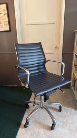 Dark Blue MCM Leather Office Chair with Chrome Frame