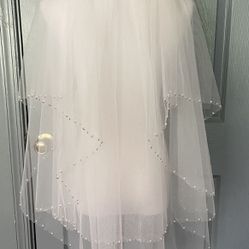 Vintage White Double Layer Pearl Trimmed Wedding Bridal Veil.