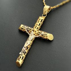 Jewelry 14k Two-Tone Solid Yellow Gold Cross Jesus Religious Cross Pendant charm