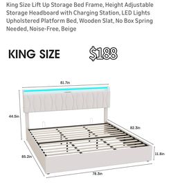 Lift Up Storage Bed Frame, Height Adjustable Storage Headboard with Charging Station, LED Lights Upholstered Platform Bed, Wooden Slat, No Box Spring 